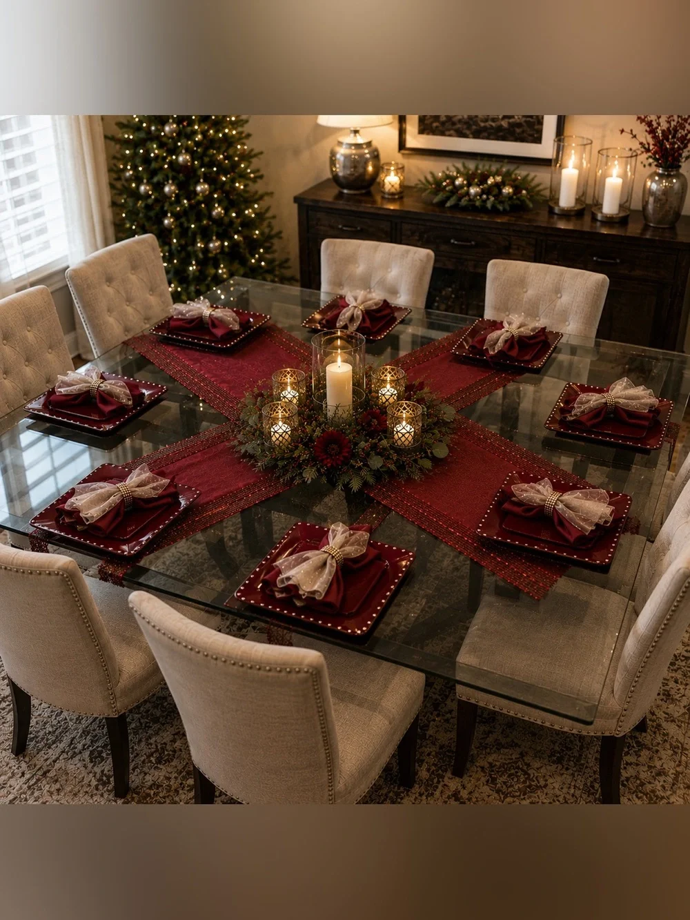 Elegant holiday set. Eight chargers, two runners and seven napkins.